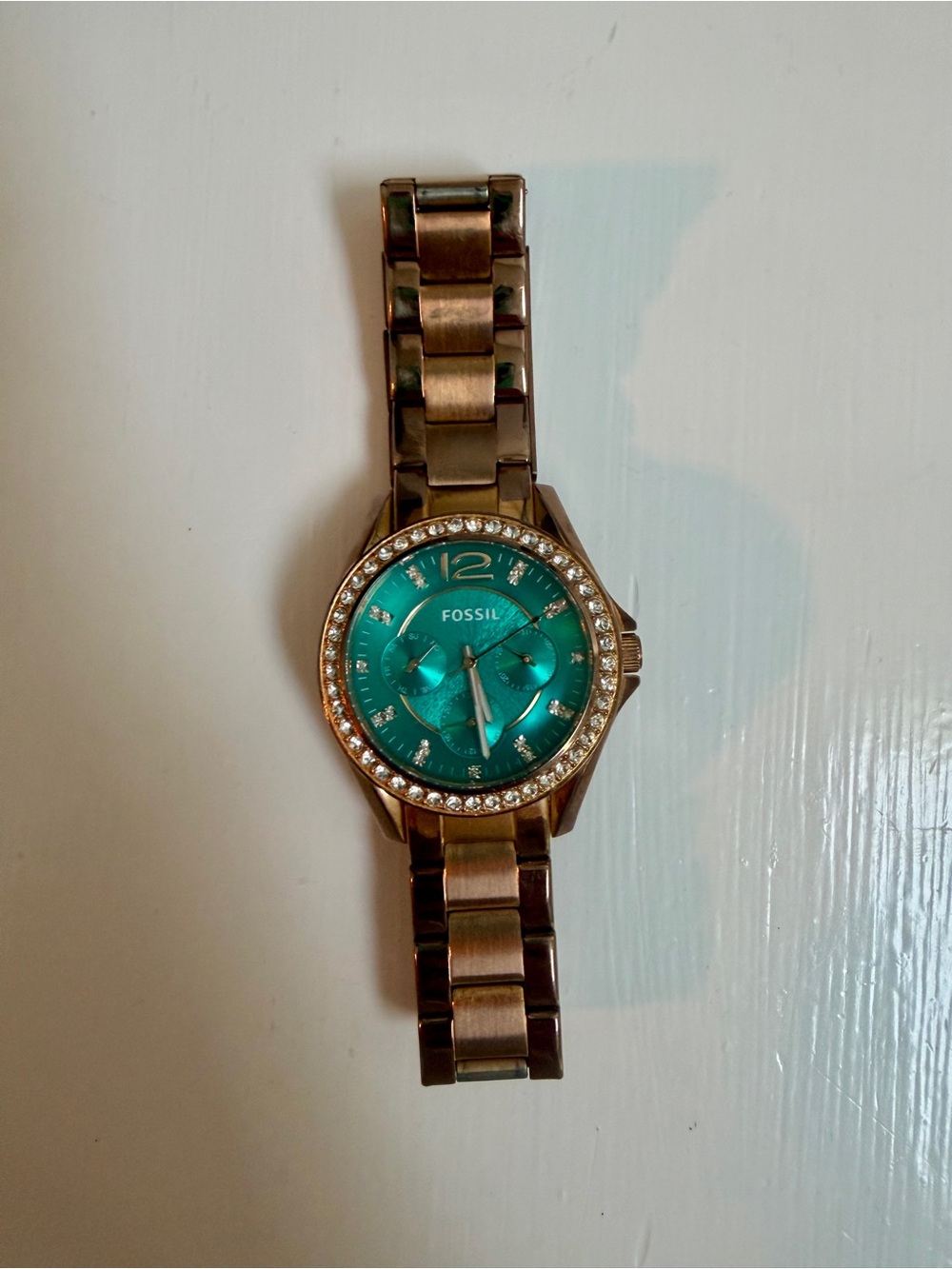 Fossil Rose Gold Tone Watch with Teal Dial and Crystal Bezel